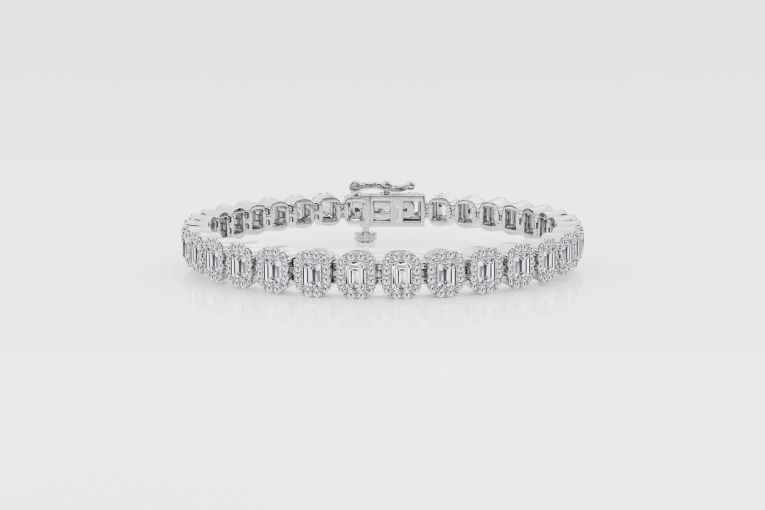 8 3/4 ctw Emerald and Round Natural Diamond Halo Tennis Bracelet - 7 inches