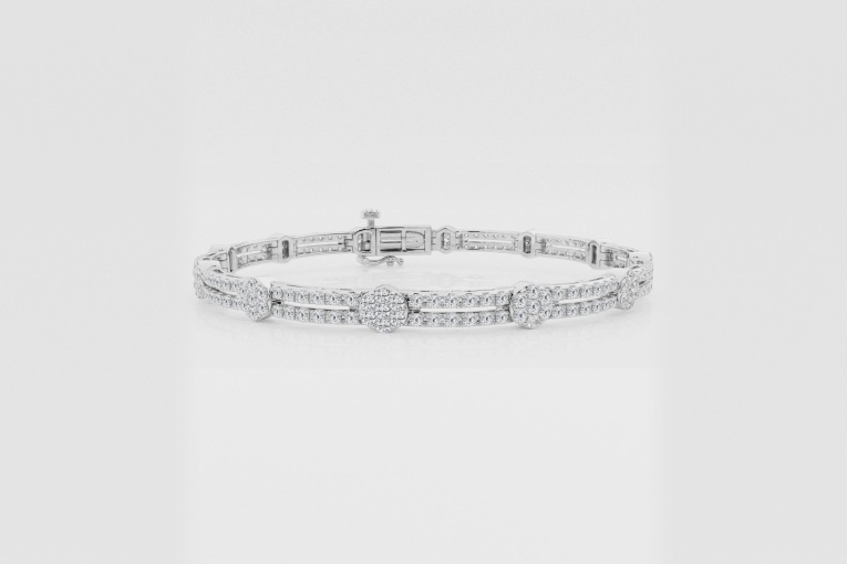 Natural Diamond | 3 ctw Round Double Row Flower Fashion Bracelet - 7 Inches