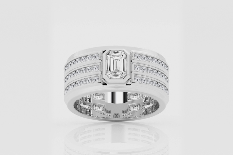 Natural Diamond | 3 ctw Emerald and Round Three Row Eternity Band