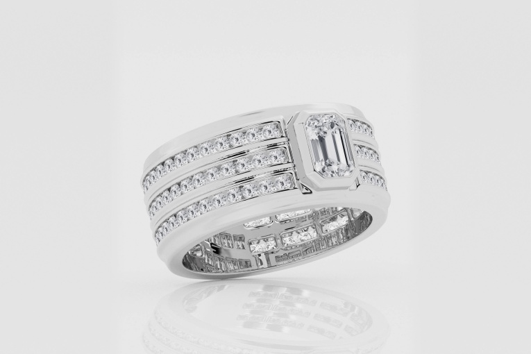 Natural Diamond | 3 ctw Emerald and Round Three Row Eternity Band