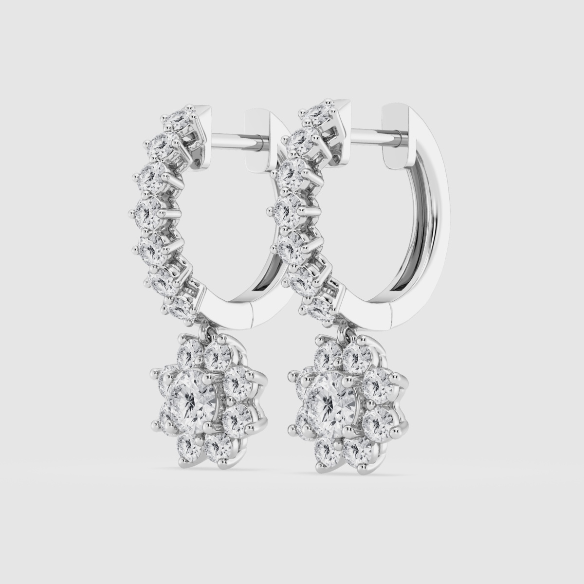 Natural Diamond | 1 1/3 ctw Round Sunflower Drop Hoop Earrings