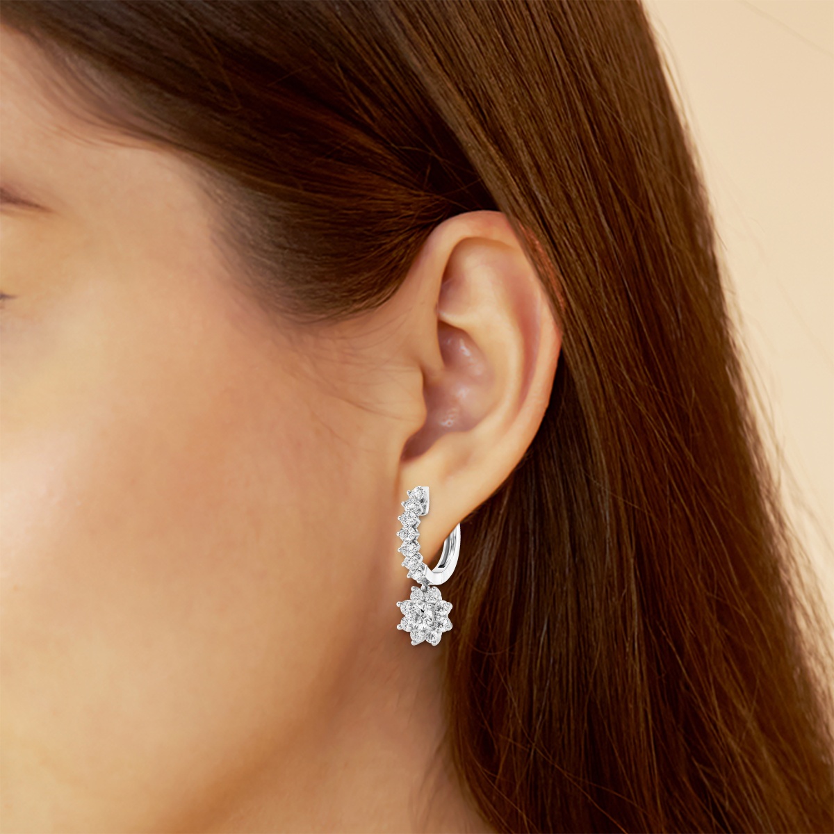 Natural Diamond | 1 1/3 ctw Round Sunflower Drop Hoop Earrings