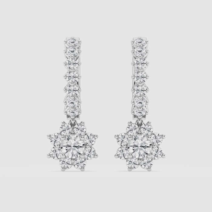 Natural Diamond | 1 1/3 ctw Round Sunflower Drop Hoop Earrings