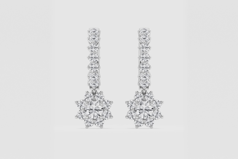 Natural Diamond | 1 1/3 ctw Round Sunflower Drop Hoop Earrings