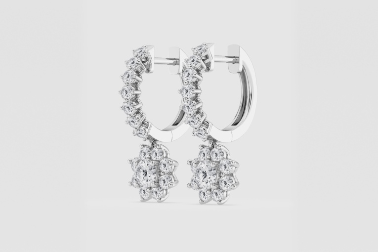 Natural Diamond | 1 1/3 ctw Round Sunflower Drop Hoop Earrings