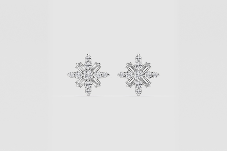 Natural Diamond | 1/2 ctw Baguette and Round Snowflake Stud Earrings