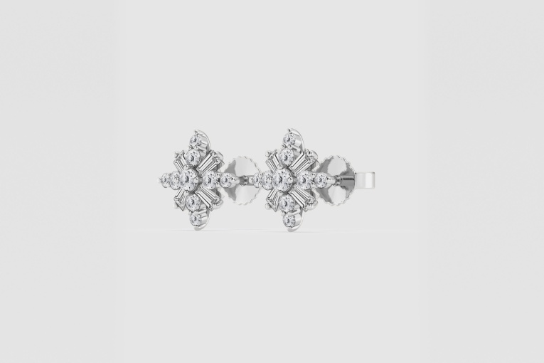 Natural Diamond | 1/2 ctw Baguette and Round Snowflake Stud Earrings