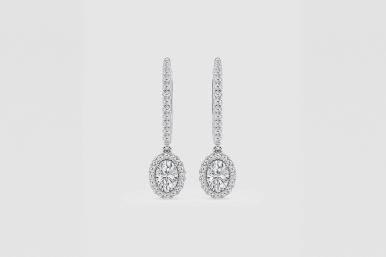 Natural Diamond | 5/8 ctw Oval and Round Halo Drop Earrings