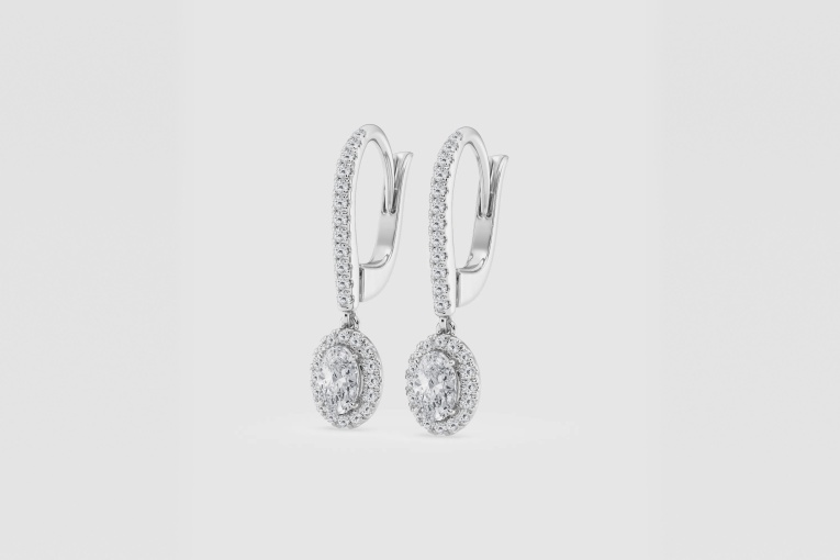 Natural Diamond | 5/8 ctw Oval and Round Halo Drop Earrings