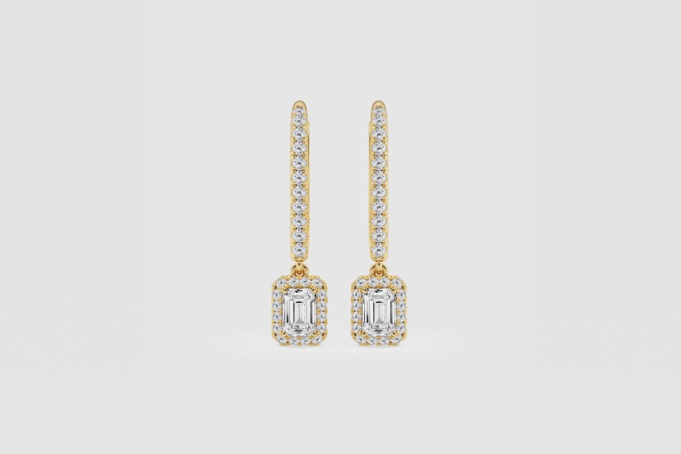 Natural Diamond | 5/8 ctw Emerald and Round Halo Drop Earrings