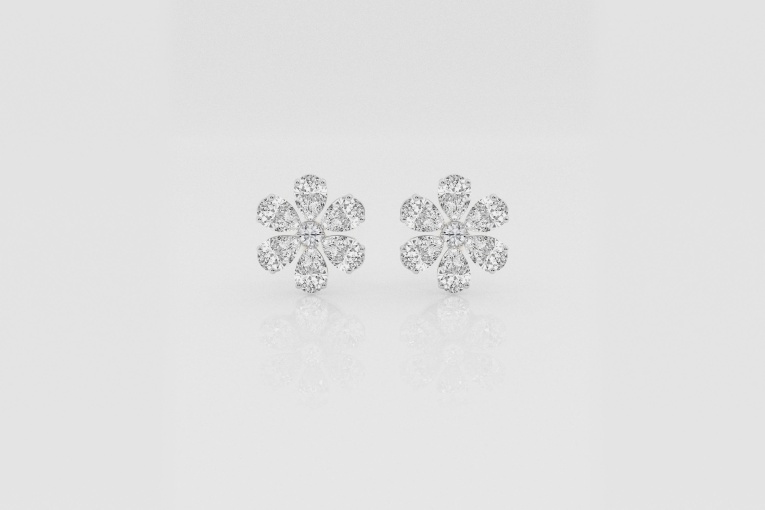 Natural Diamond | 1 1/4 ctw Pear and Round Flower Fashion Earrings