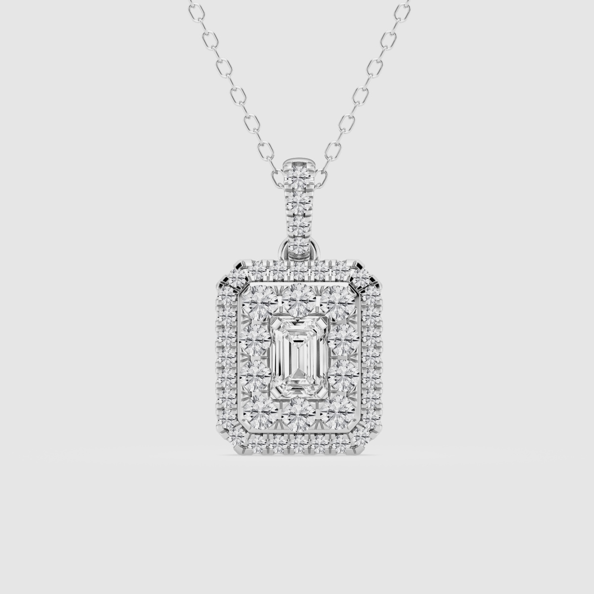 Natural Diamond | 1 ctw Emerald and Round Double Framed Fashion Pendant with Adjustable Chain