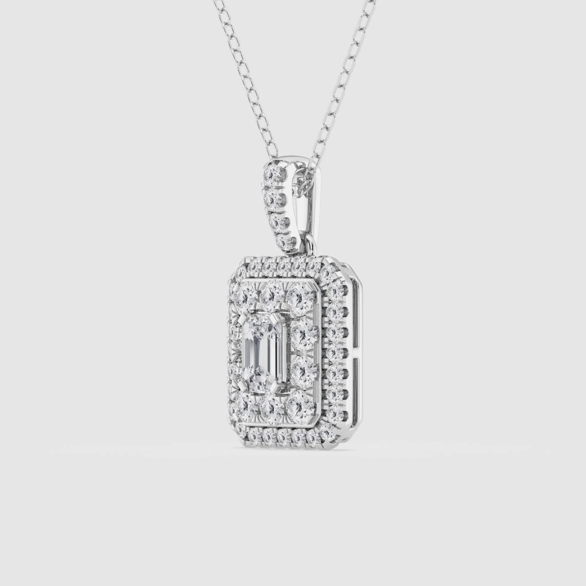 Natural Diamond | 1 ctw Emerald and Round Double Framed Fashion Pendant with Adjustable Chain