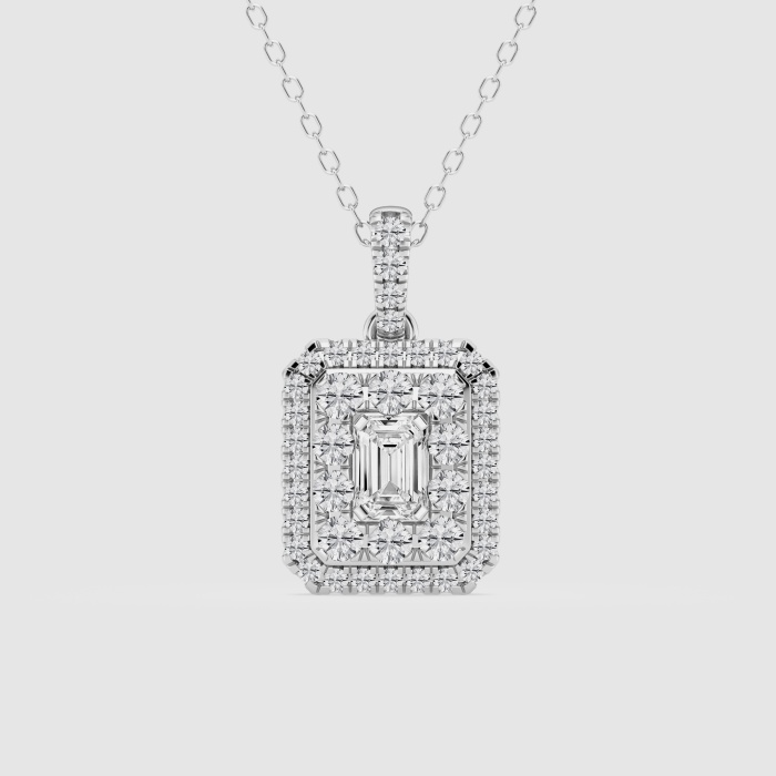 Natural Diamond | 1 ctw Emerald and Round Double Framed Fashion Pendant with Adjustable Chain