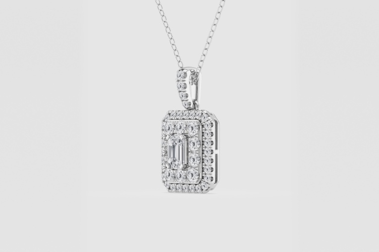 Natural Diamond | 1 ctw Emerald and Round Double Framed Fashion Pendant with Adjustable Chain