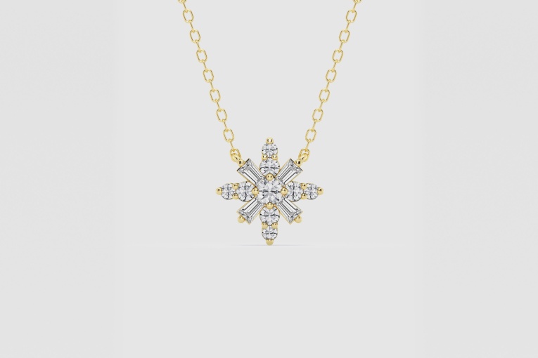 Natural Diamond | 1/3 ctw Round and Tapered Baguette Snow Flake Fashion Pendant with Adjustable Chain