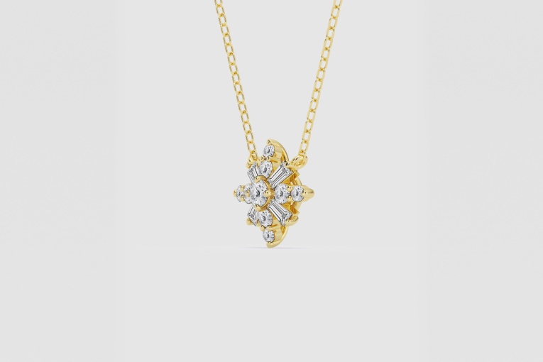 Natural Diamond | 1/3 ctw Round and Tapered Baguette Snow Flake Fashion Pendant with Adjustable Chain