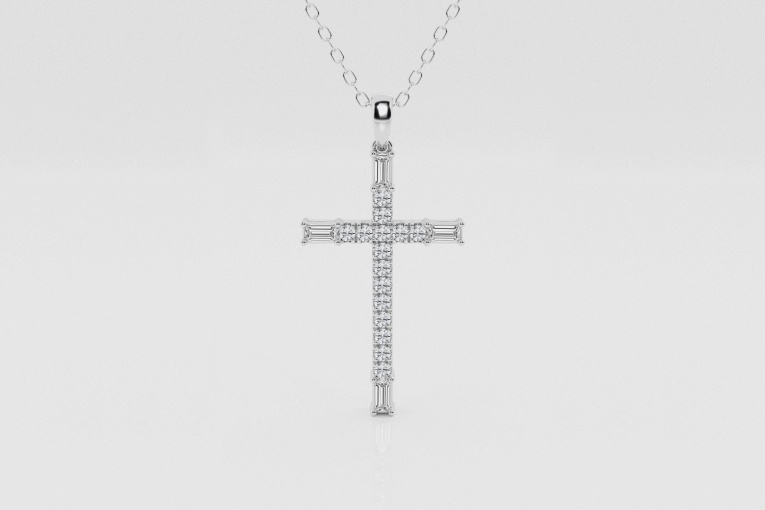 Natural Diamond | 1/4 ctw Round and Baguette French Pave Cross Pendant