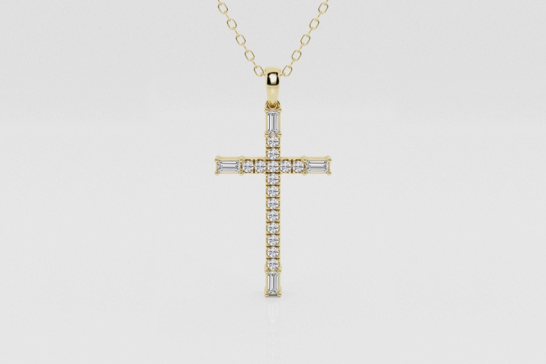 Natural Diamond | 1/4 ctw Round and Baguette French Pave Cross Pendant
