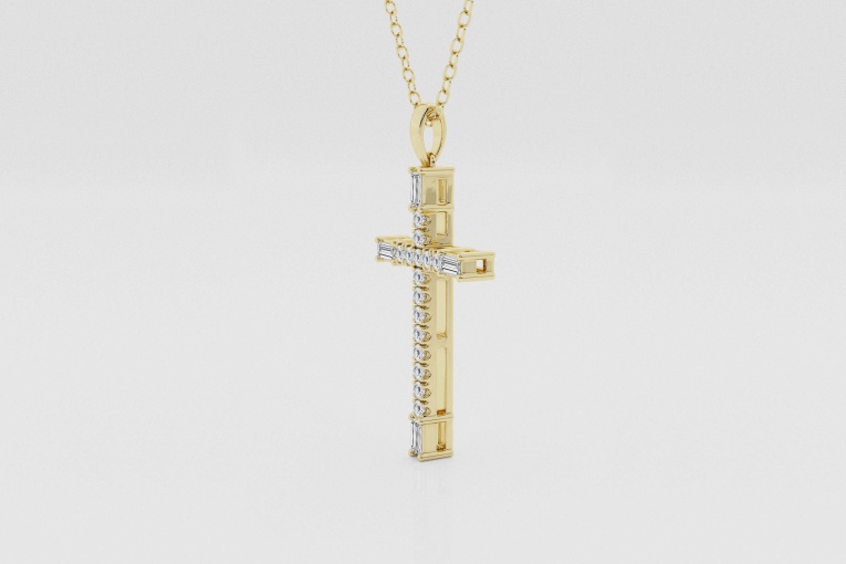 Natural Diamond | 1/4 ctw Round and Baguette French Pave Cross Pendant