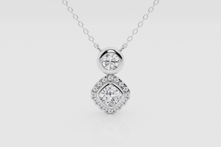 7/8 ctw Cushion Natural Diamond Bezel Set & Halo Two Stone Halo Pendant