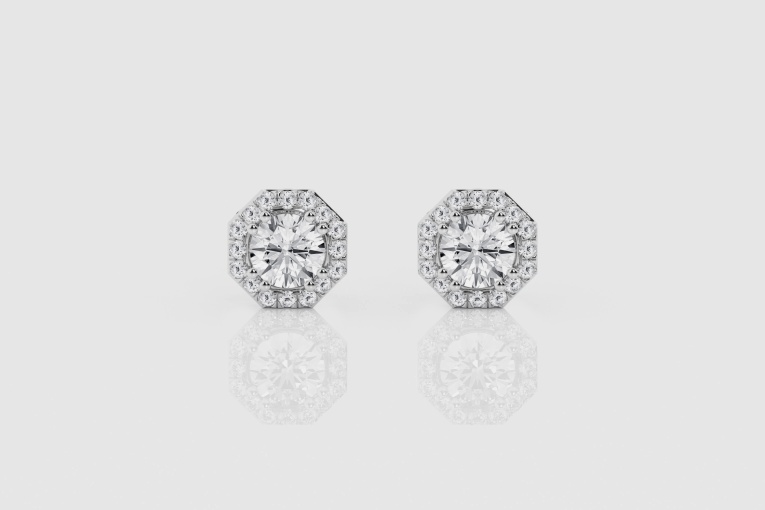 Natural Diamond | 1 1/2 ctw Round Octagonal Halo Stud Earrings