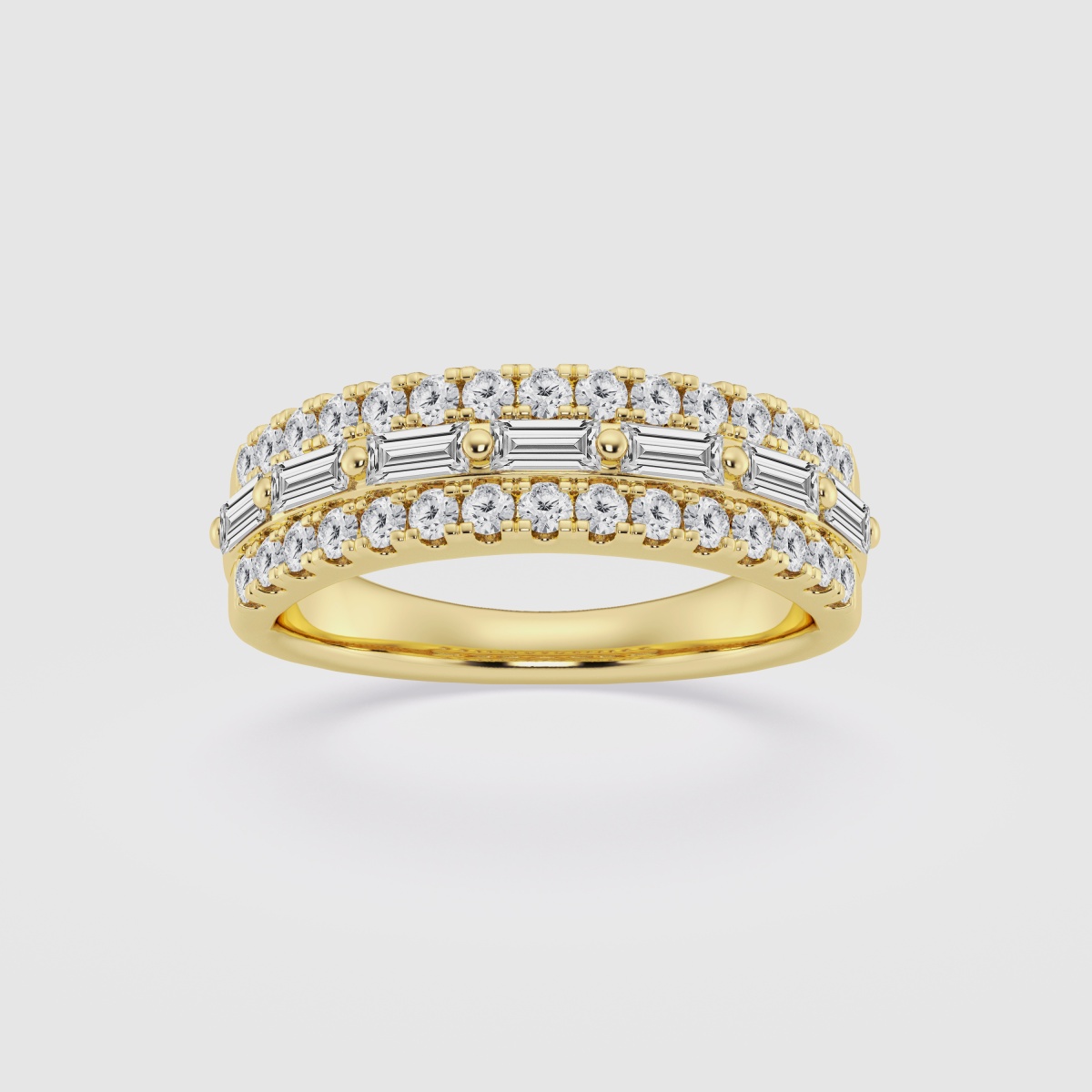 Natural Diamond | 1 ctw Baquette and Round Triple Row Fashion Band