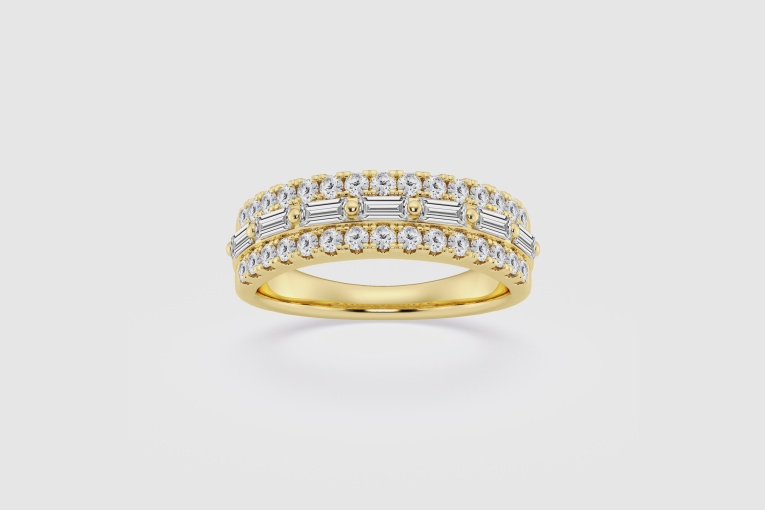 Natural Diamond | 1 ctw Baquette and Round Triple Row Fashion Band