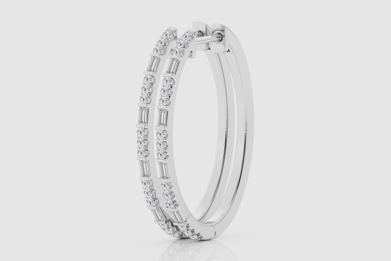 Natural Diamond | 1/2 ctw Baguette and Round Alternate Round Oval Shape Hoop Earrings